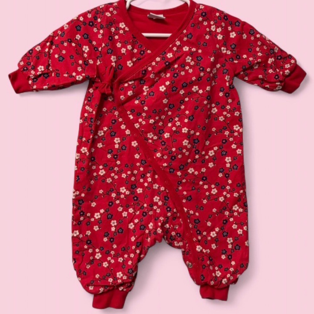 Polarn O Pyret Red Floral Wrap Cotton One Piece Bodysuit Size 2–4 Months